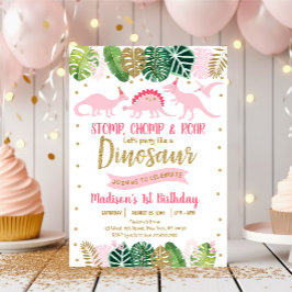 ピンク&金ゴールド恐竜サファリ誕生日 招待状