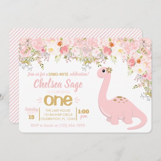 ピンク&金ゴールド恐竜フローラガール誕生日 招待状 (正面/裏面)