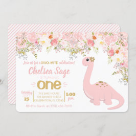 ピンク&金ゴールド恐竜フローラガール誕生日 招待状