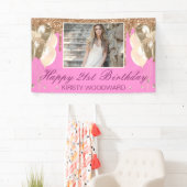 ピンク&金ゴールド滴下グリッター&バルーン誕生日 横断幕 (インサイチュ)