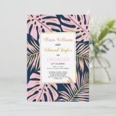 ピンク、金ゴールド熱帯葉国のナイビー婚約パーティ 招待状 (スタンド正面)