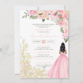 ピンク&金ゴールド牡丹フローラキンセアニェラ誕生日 招待状 (正面)