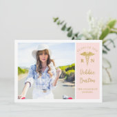 ピンク&金ゴールド看護学校写真卒業パーティー 招待状 (スタンド正面)