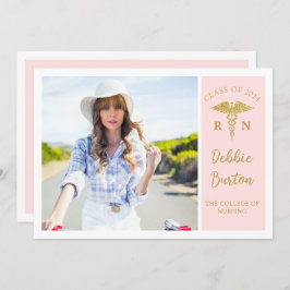 ピンク&金ゴールド看護学校写真卒業パーティー 招待状