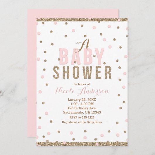 ピンク&金ゴールド紙吹雪ドットガールズベビーシャワー 招待状 (正面/裏面)