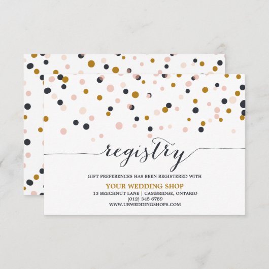 ピンク&金ゴールド紙吹雪ドットギフト登録カード エンクロージャーカード (正面/裏面)