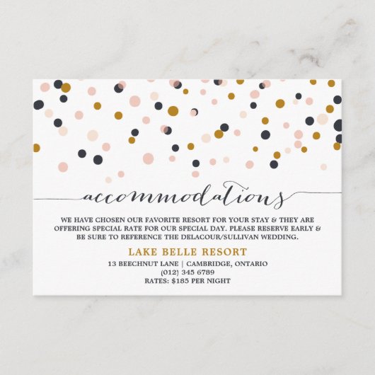 ピンク&金ゴールド紙吹雪ドット宿泊カード エンクロージャーカード (正面)