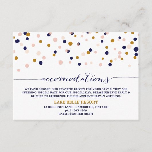 ピンク&金ゴールド紙吹雪ドット宿泊カードII エンクロージャーカード (正面)