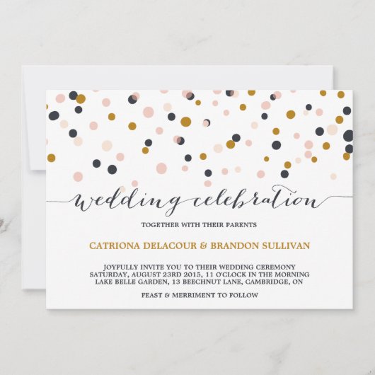 ピンク&金ゴールド紙吹雪ドット結婚式招待状 招待状 (正面)