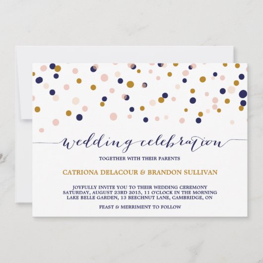 ピンク&金ゴールド紙吹雪ドット結婚式招待状II 招待状 (正面)
