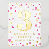 ピンク&金ゴールド紙吹雪ビッグナンバーガール誕生日 箔招待状ポストカード (正面)