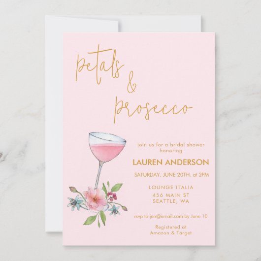 ピンク&金ゴールド花びらとプロセッコブライダルシャワー 招待状 (正面)