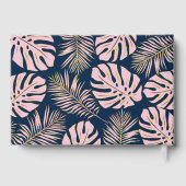 ピンク、金ゴールド葉トロピカルネイビー結婚ブルー ゲストブック (裏面)