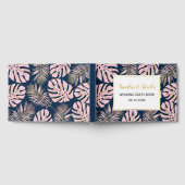 ピンク、金ゴールド葉トロピカルネイビー結婚ブルー ゲストブック (全面)