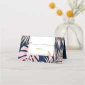 ピンク、金ゴールド葉熱帯のネイビ結婚ーブルズ プレイスカード (正面)