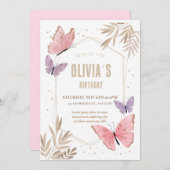 ピンク、金ゴールド蝶かわいい誕生日招待状 招待状 (正面/裏面)