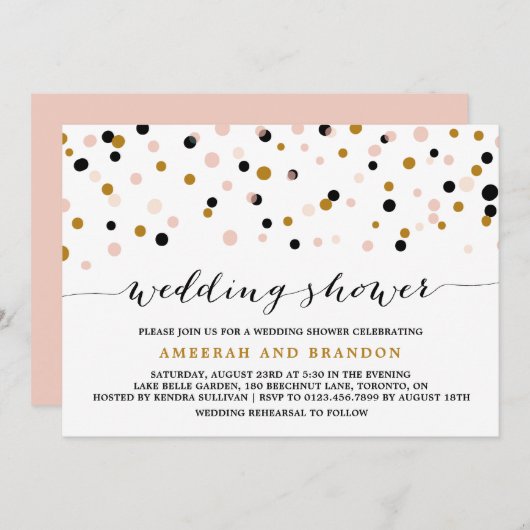 ピンク、金ゴールド、およびブラック紙吹雪ドットウェディングシャワー 招待状 (正面/裏面)