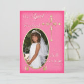 ピンク·金ゴールド·クロス·フォト·コミュニオンの発表 招待状 (スタンド正面)