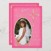 ピンク·金ゴールド·クロス·フォト·コミュニオンの発表 招待状 (正面/裏面)