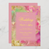 ピンク、金ゴールド、緑のインク結婚式招待状 セーブザデート (正面/裏面)