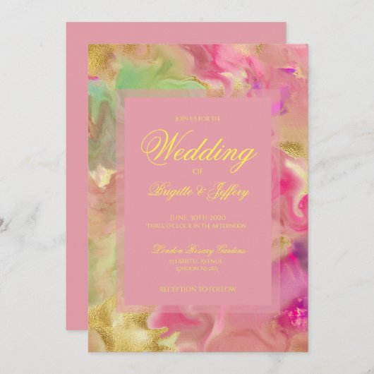 ピンク、金ゴールド、緑のインク結婚式招待状 セーブザデート (正面/裏面)