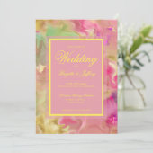 ピンク、金ゴールド、緑のインク結婚式招待状 セーブザデート (スタンド正面)