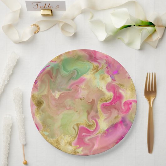 ピンク、金ゴールド、緑の大理石インクプリントプレート ペーパープレート (ウェディング)