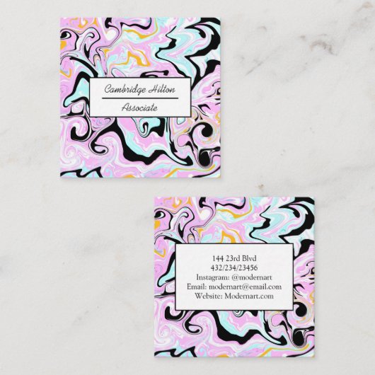 ピンク、金ゴールド、黒と青の大理石の渦巻き スクエア名刺 (正面/裏面)