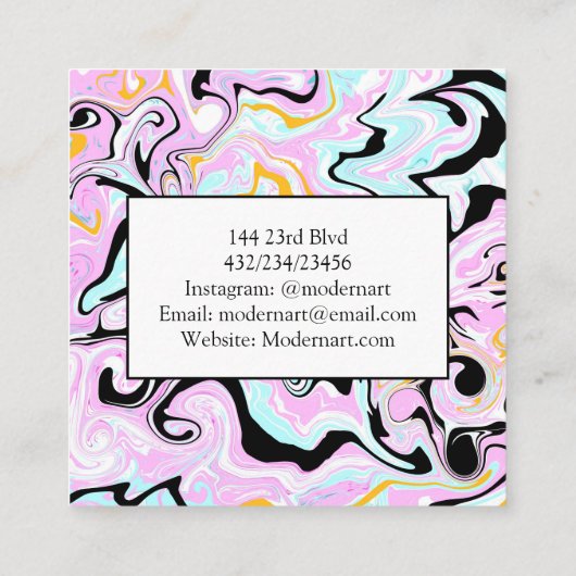 ピンク、金ゴールド、黒と青の大理石の渦巻き スクエア名刺 (裏面)