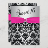 ピンク、銀および黒いダマスク織の菓子16の招待状 招待状 (正面/裏面)