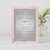 ピンク、銀のグリッターのダマスク織のブライダルシャワーの招待 招待状 (スタンド正面)