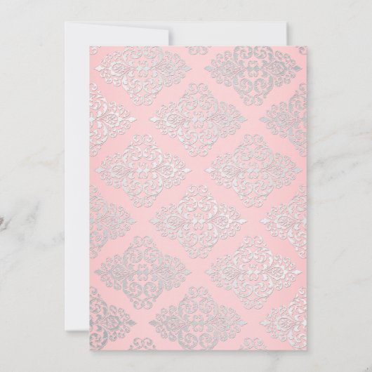 ピンク、銀のグリッターのダマスク織のブライダルシャワーの招待 招待状 (裏面)