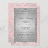 ピンク、銀のグリッターのダマスク織のブライダルシャワーの招待 招待状 (正面/裏面)