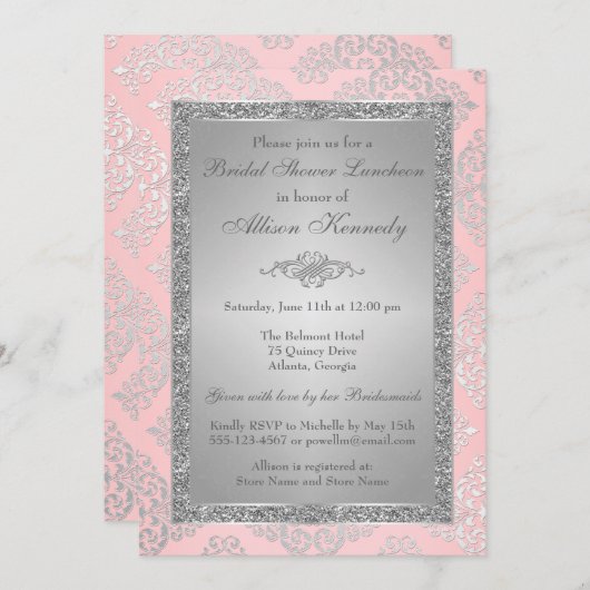 ピンク、銀のグリッターのダマスク織のブライダルシャワーの招待 招待状 (正面/裏面)