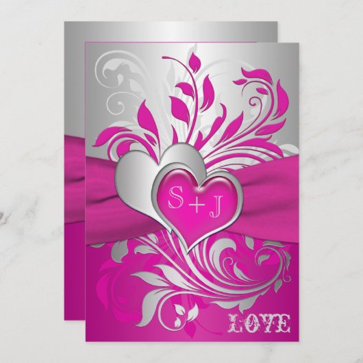 ピンク、銀製スクロール、ハートの結婚式招待状 招待状 (正面/裏面)