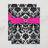 ピンク、銀、黒いダマスク織のバルミツワーの応答カード 出欠カード (正面/裏面)