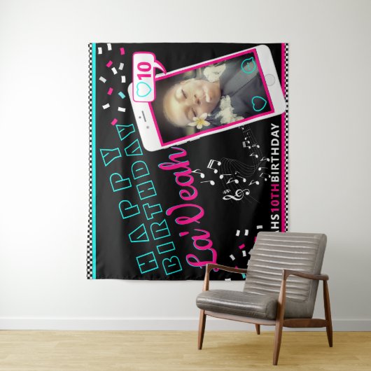 ピンク|青い携帯電話フォトソーシャルメディア&ミュージック タペストリー (インサイチュ)