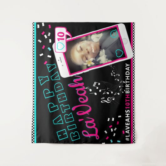 ピンク|青い携帯電話フォトソーシャルメディア&ミュージック タペストリー (正面)