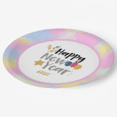 ピンク、青い黄色の雲の新年パーティー供給 ペーパープレート (アングル)