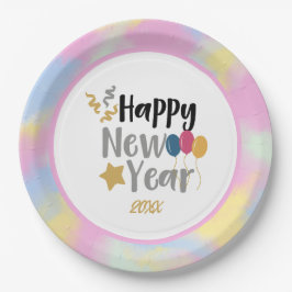 ピンク、青い黄色の雲の新年パーティー供給 ペーパープレート