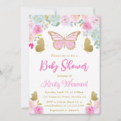 ピンク.青と金ゴールドのフローラ蝶の赤ちゃんシャワー 招待状 (正面)