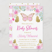 ピンク.青と金ゴールドのフローラ蝶の赤ちゃんシャワー 招待状 (正面/裏面)
