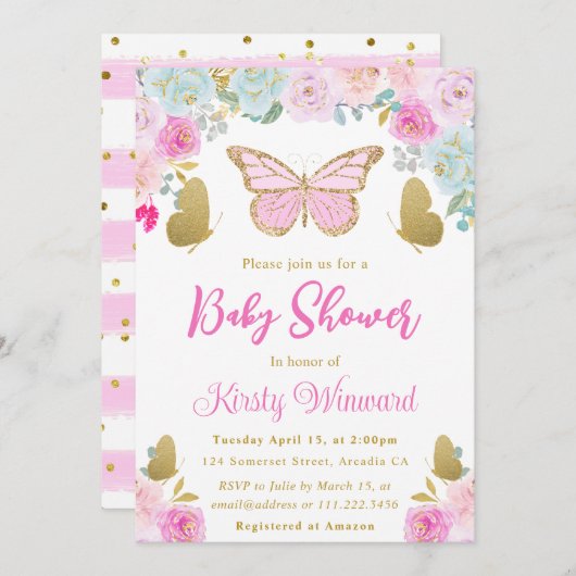 ピンク.青と金ゴールドのフローラ蝶の赤ちゃんシャワー 招待状 (正面/裏面)
