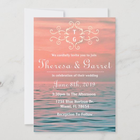 ピンク、青及び紫色のグラデーションなビーチの招待状 招待状 (正面)