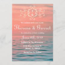 ピンク、青及び紫色のグラデーションなビーチの招待状