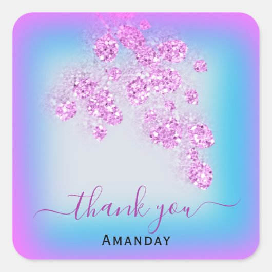 ピンク 青 グリッター ありがとう 名前 スイート 16 スクエアシール (正面)