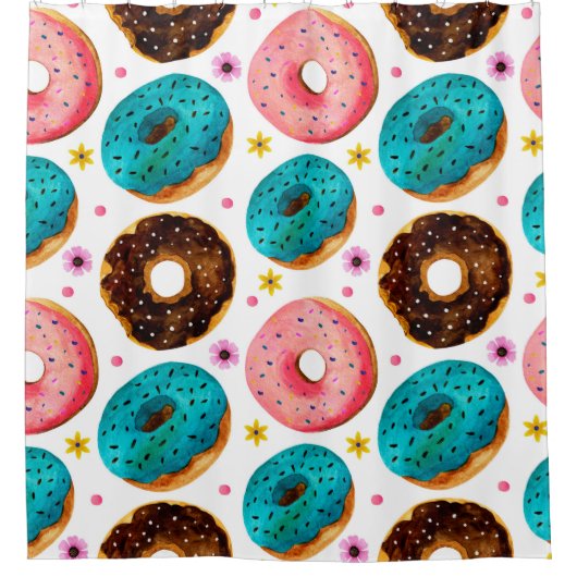 ピンク、青、チョコレートdの水彩パターン シャワーカーテン (正面)