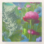 ピンク、青、白のミュートフローラ ガラスコースター (正面)