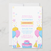 ピンク、青、黄色の鮮やかな色のキンセアニエラ 招待状 (正面)