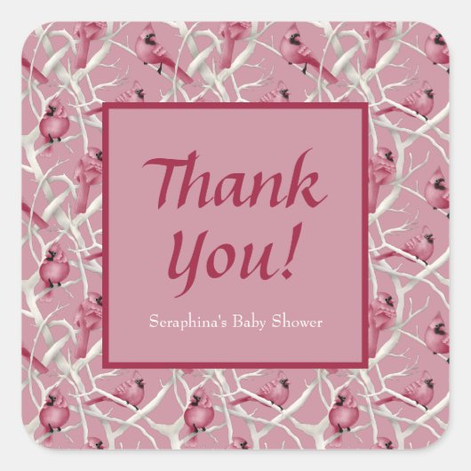 ピンク(鳥)ショウジョウコウカンチョウ赤ちゃんシャワーありがとう スクエアシール (正面)